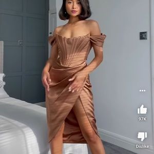House of CB (Brand New with tags) Loretta Satin Toffee Off Shoulder Dress